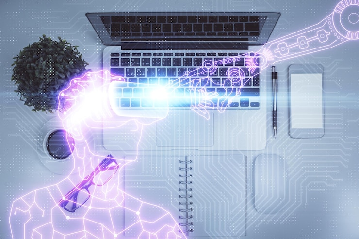 Foto dibujos de hologramas ar sobre la computadora en el fondo del escritorio vista superior concepto de exposición múltiple de realidad aumentada