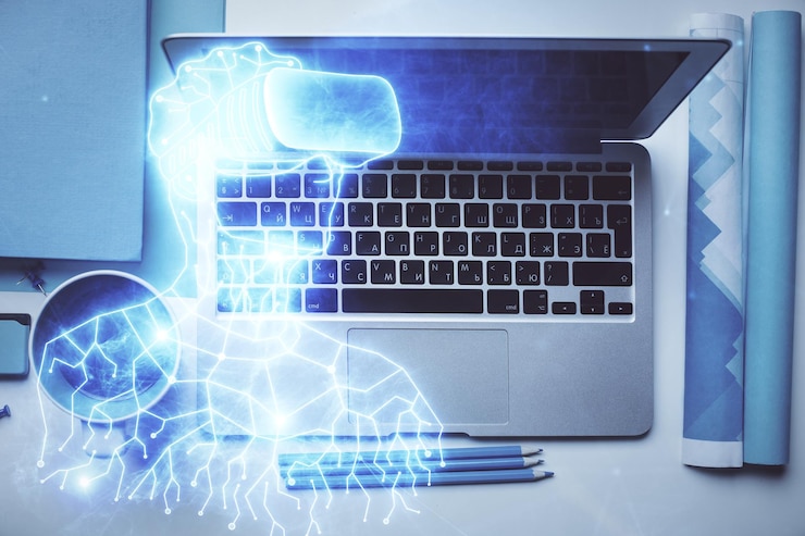 Foto dibujos de hologramas ar sobre la computadora en el fondo del escritorio vista superior concepto de exposición múltiple de realidad aumentada