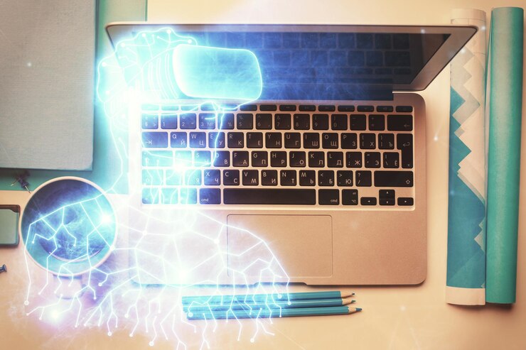 Foto dibujos de hologramas ar sobre la computadora en el fondo del escritorio vista superior concepto de exposición múltiple de realidad aumentada