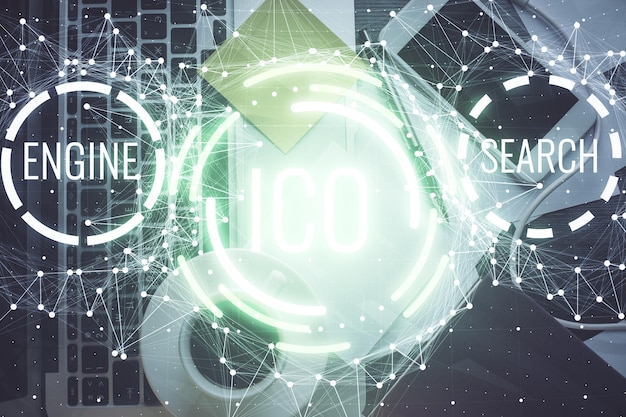 Dibujos de hologramas del tema Blockchain sobre la computadora en el fondo del escritorio Vista superior Concepto de exposición múltiple de criptoeconomía