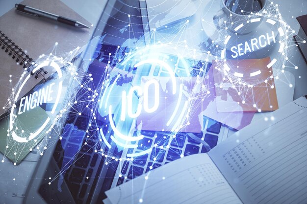 Dibujos de hologramas del tema Blockchain sobre la computadora en el fondo del escritorio Vista superior Concepto de exposición múltiple de criptoeconomía
