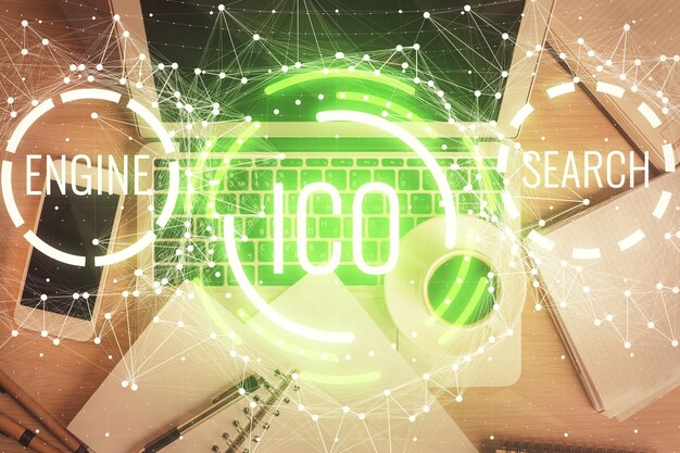 Dibujos de hologramas del tema Blockchain sobre la computadora en el fondo del escritorio Vista superior Doble exposición