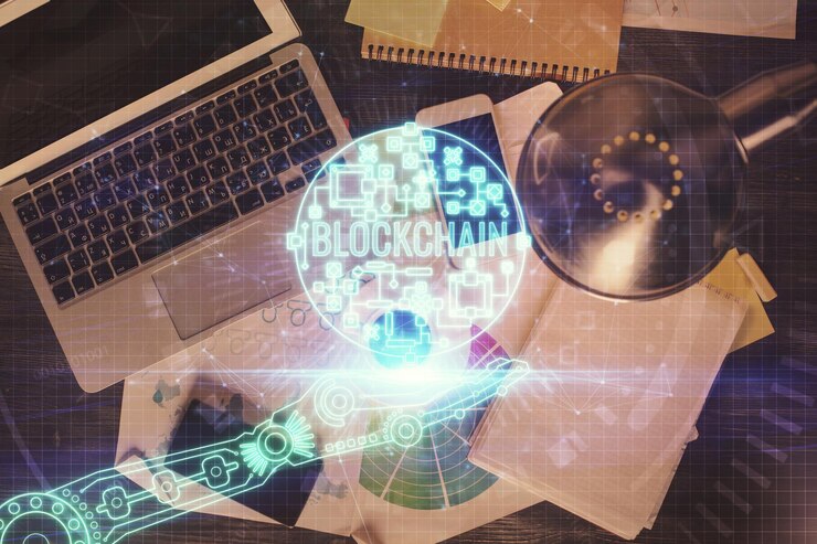 Foto dibujos de hologramas del tema blockchain sobre la computadora en el fondo del escritorio vista superior doble exposición
