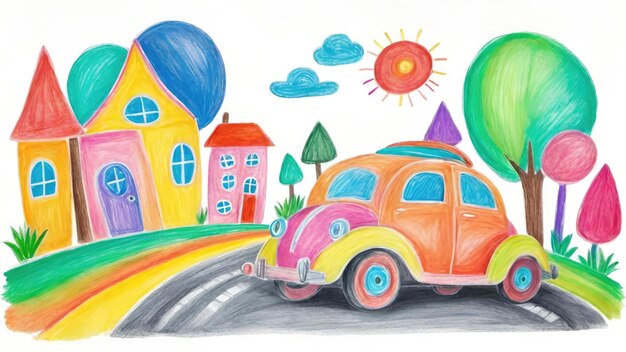 Foto dibujos infantiles de coches, casas, árboles, ilustraciones de sol, tiza de colores aislada sobre un fondo blanco