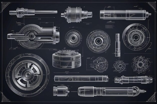 Dibujos de ingeniería mecánica de fondo negro Diseño técnico del cortador de fresado