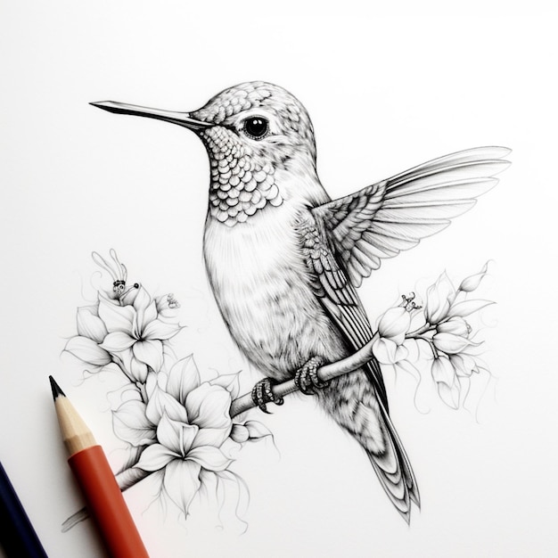 Dibujos con lápiz de un colibrí lindo Imagen de dibujo de IA generativa