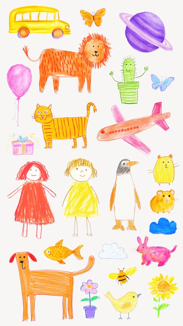 Foto dibujos de niños en un conjunto de lápices de colores