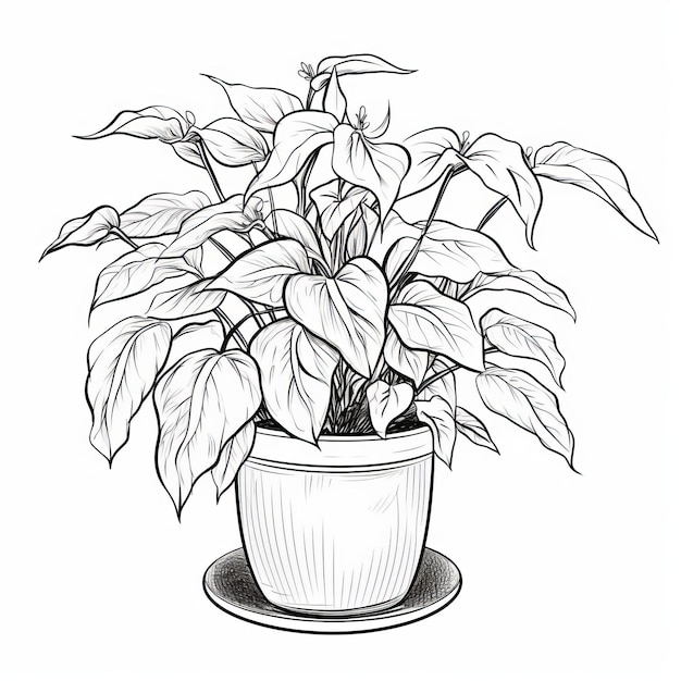 Dibujos de plantas en macetas interiores en blanco y negro con tinta de alta resolución