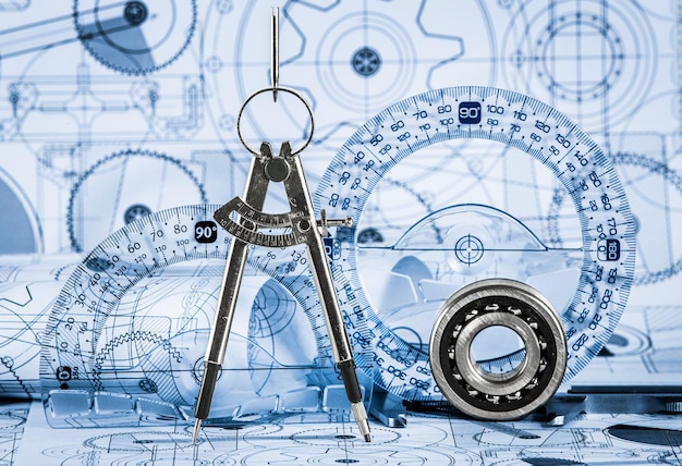 Dibujos técnicos con el rodamiento en un tono azul
