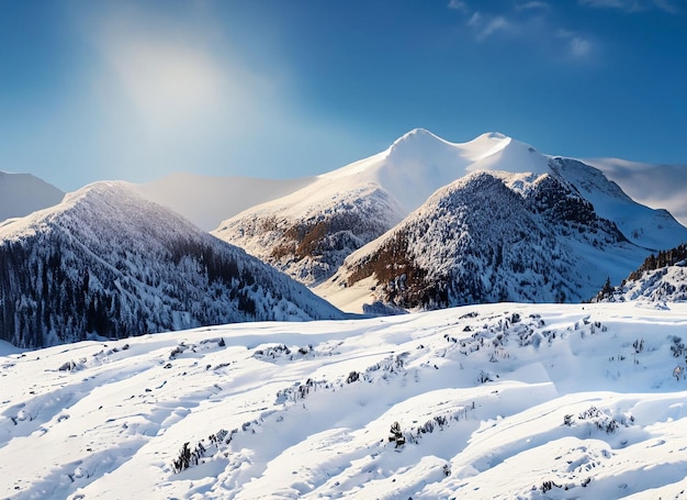 La dicha de un día de invierno La belleza de la montaña iluminada por el sol