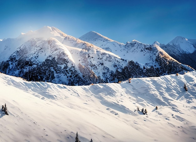 La dicha de un día de invierno La belleza de la montaña iluminada por el sol