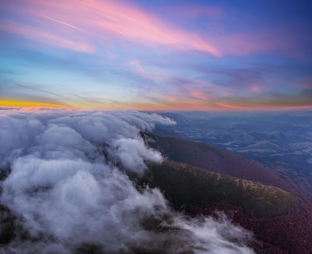 Foto dichter nebel, der berghügel bei hellrosa sonnenuntergang bedeckt