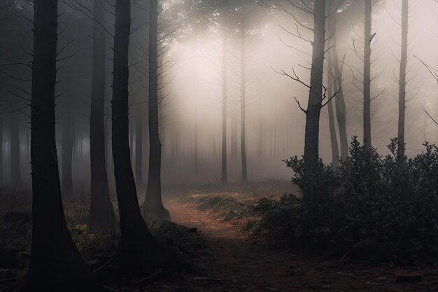 Dichter Nebel im Herbstwald mit gelben Blättern und grünem Moos auf Baumrinde AI erzeugt