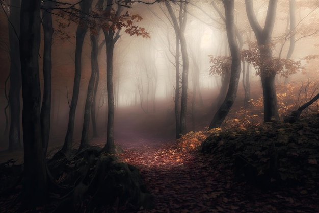 Dichter Nebel im Herbstwald mit gelben Blättern und grünem Moos auf Baumrinde AI erzeugt