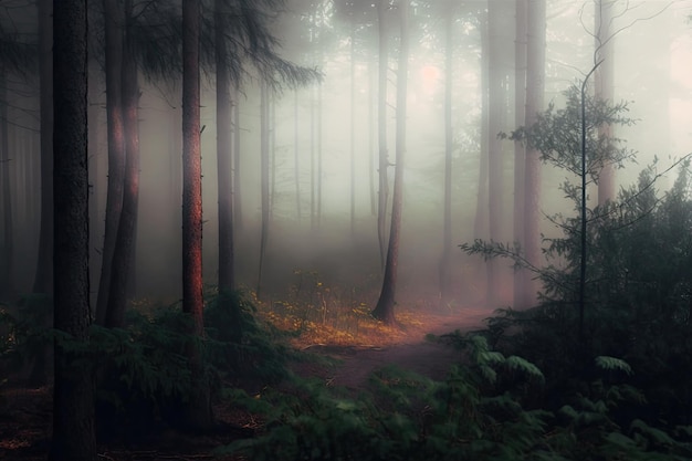 Dichter Nebel im Herbstwald mit gelben Blättern und grünem Moos auf Baumrinde AI erzeugt