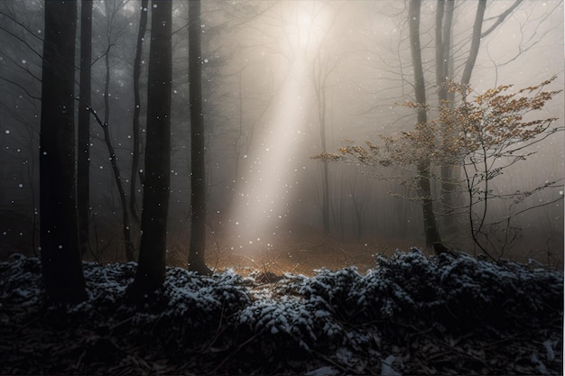 Dichter Nebel im kalten Winterwald ohne Blätter und weißer Schnee auf Baumrinde AI erzeugt