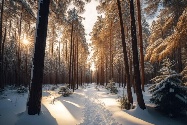 Dichter Nebel im kalten Winterwald ohne Blätter und weißer Schnee auf Baumrinde AI erzeugt