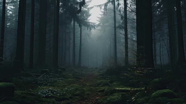 Dichter, nebliger Wald, eingehüllt in eine ätherische Atmosphäre