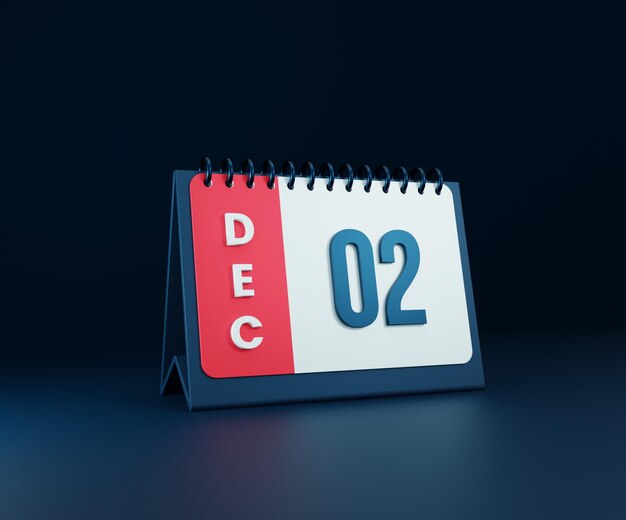 Diciembre Icono de calendario de escritorio realista Ilustración 3D Fecha 02 de diciembre