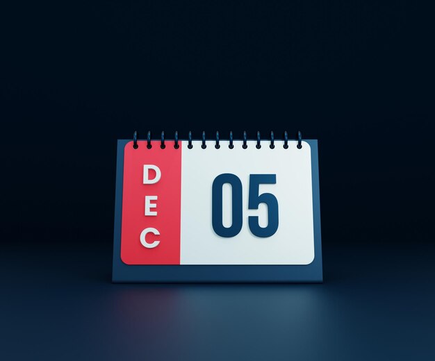 Diciembre Icono de calendario de escritorio realista Ilustración 3D Fecha 05 de diciembre