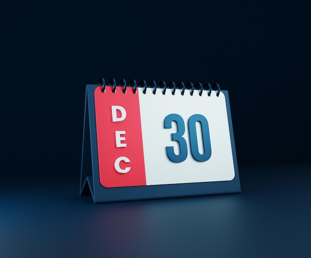 Diciembre Icono de calendario de escritorio realista Ilustración 3D Fecha 30 de diciembre