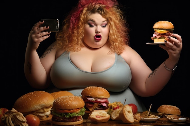 Foto dicke frau mit einem burger, die ein selfie macht, kein kopierraum für gesunde ernährung