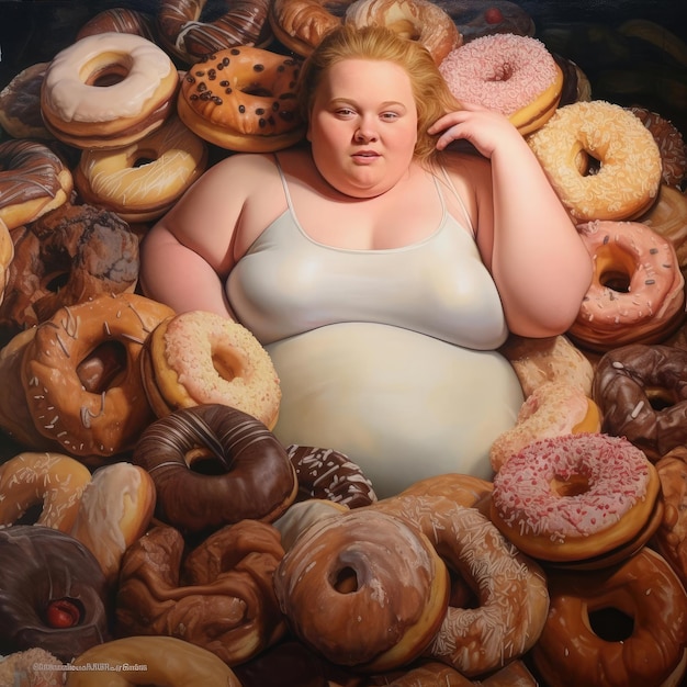 Dicke junge Frau in einem Stapel Donuts
