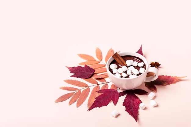 Dicke Tasse heißer Schokolade mit Marshmallow auf Herbstblättern