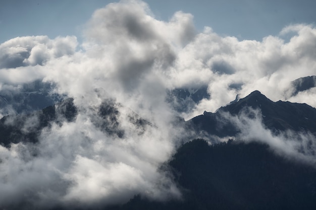 Dicke weiße Wolken zwischen Bergen und Nadelwald reservieren wilde Natur düstere Landschaft