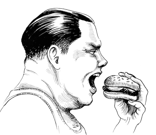 Dicker Mann, der Burger isst. Tinte Schwarz-Weiß-Zeichnung