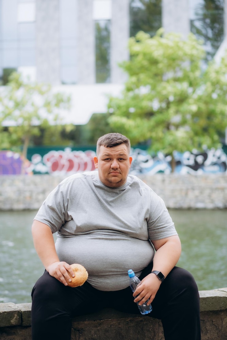 Foto dicker mann, der nach dem training im park einen burger isst und wasser trinkt