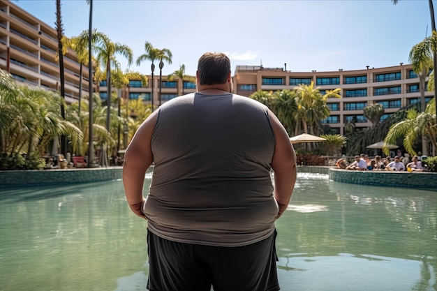 Dicker Mann in den Sommerferien in der Nähe des Swimmingpools Fettleibigkeitsproblem Generative KI