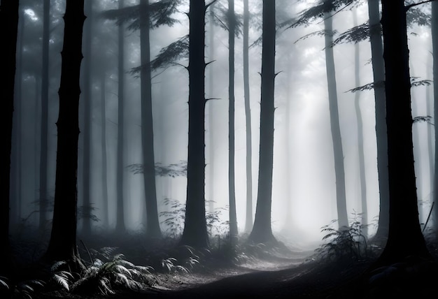 Dicker Wald mit hohen Bäumen, Unterholz und Sonnenlicht, das durch den Nebel filtert