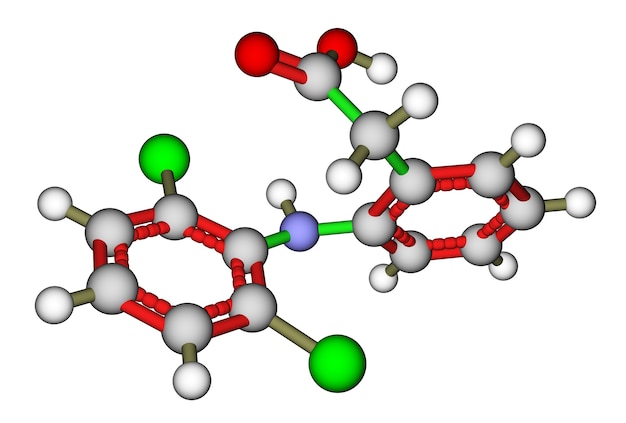 Foto diclofenac, un fármaco antiinflamatorio no esteroideo. estructura molecular