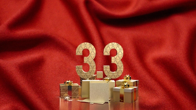 Die 33 und goldene Geschenkbox auf roter Seide für Marketing oder Verkaufsförderung 3D-Rendering