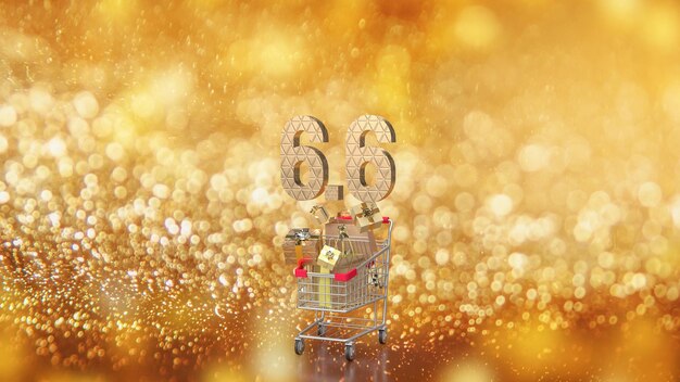 Die 66 und der Einkaufswagen auf goldenem Bokeh-Hintergrund, 3D-Rendering