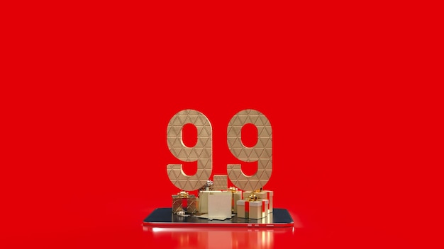 Die 99 Zahlengold auf Tablet-Hintergrund zum Verkauf oder Werbekonzept 3D-Rendering