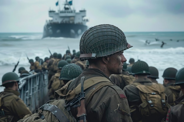 Die alliierten Streitkräfte vereinfachen die Landung der Soldaten an den Stränden der Normandie aus der Perspektive eines Fotografen