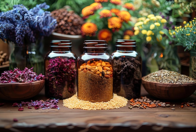 Die alte ayurvedische Medizin, Kräuter-Infusion, Tinktur oder ätherisches Öl in der Flasche