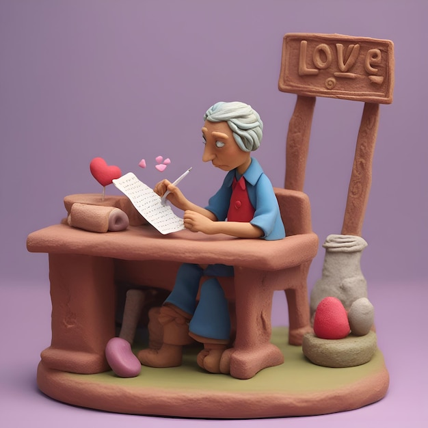 Die alte Dame schreibt einen Liebesbrief 3D-Illustration