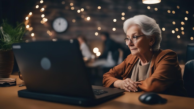 Die alte Frau sitzt am Computer und weiß nicht, was sie tun soll. Sie hat verwirrte, panische Tränen in den Augen