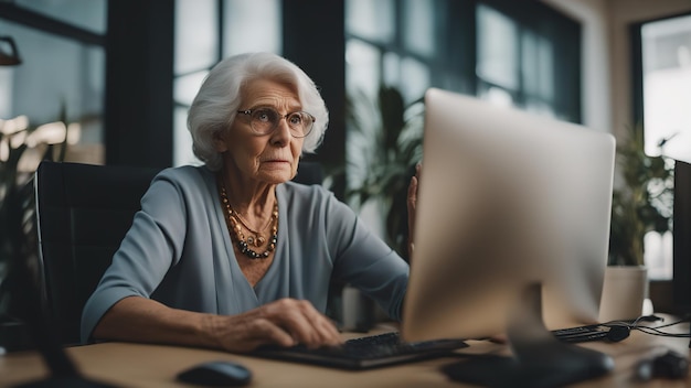 Die alte Frau sitzt am Computer und weiß nicht, was sie tun soll. Sie hat verwirrte, panische Tränen in den Augen