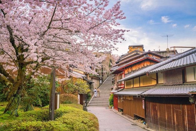 Die Altstadt von Kyoto, der Bezirk Higashiyama, während der Sakura-Saison in Japan