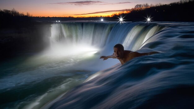 Die American Falls von Niagara Falls in der Dämmerung nach Sonnenuntergang