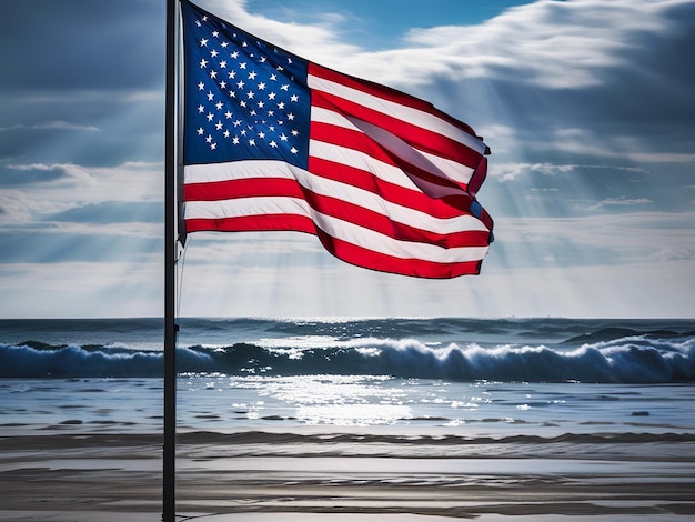 Die amerikanische Flagge, die im Wind am Strand weht, ist eine generative KI.