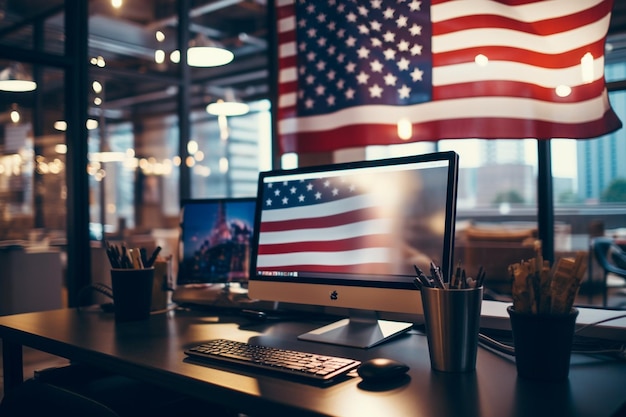 Foto die amerikanische flagge in einem modernen arbeitsraum