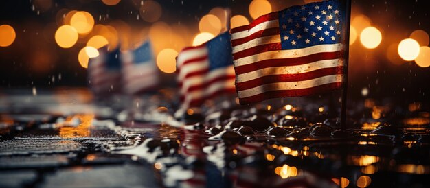 Die amerikanische Flagge wird durch ein weiches Leuchten mit Bokeh-Lichtern beleuchtet, was einen festlichen Hintergrund schafft