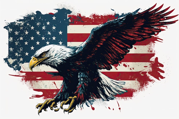 Die amerikanische Flagge wird von einem hochfliegenden Adler als Symbol des Patriotismus begleitet