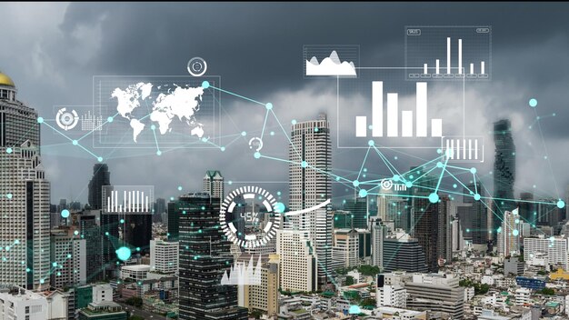 Die Analyseschnittstelle für Geschäftsdaten fliegt über die Smart City und zeigt die Zukunft der Veränderungen an