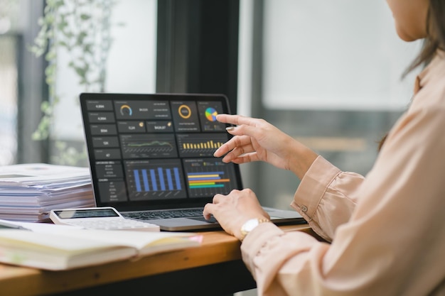 Die Analystin nutzt einen Computer und ein Dashboard für die Analyse von Geschäftsdaten und ein Datenmanagementsystem mit KPI.